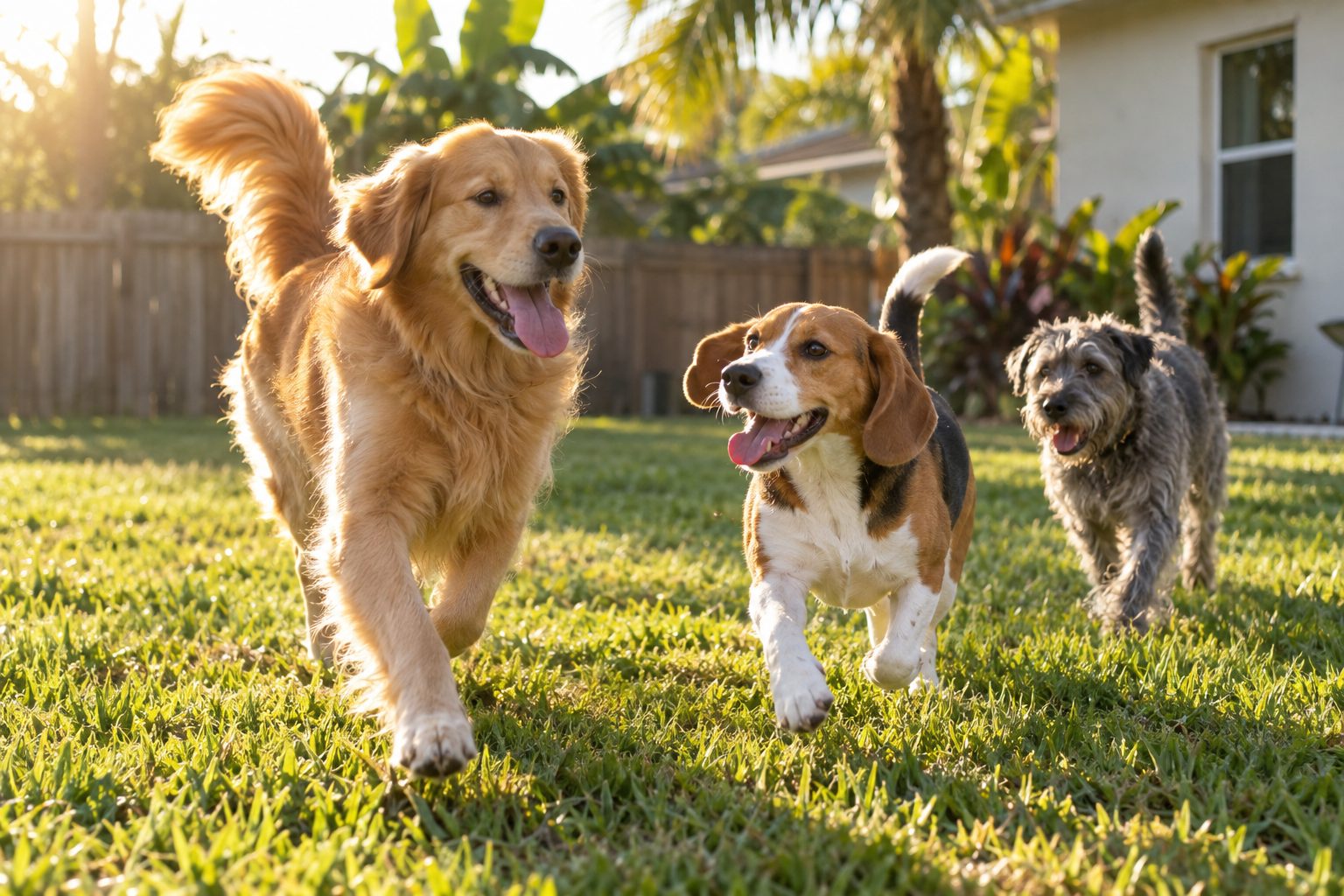 Three dogs playing together on the grass in a sunny back yard