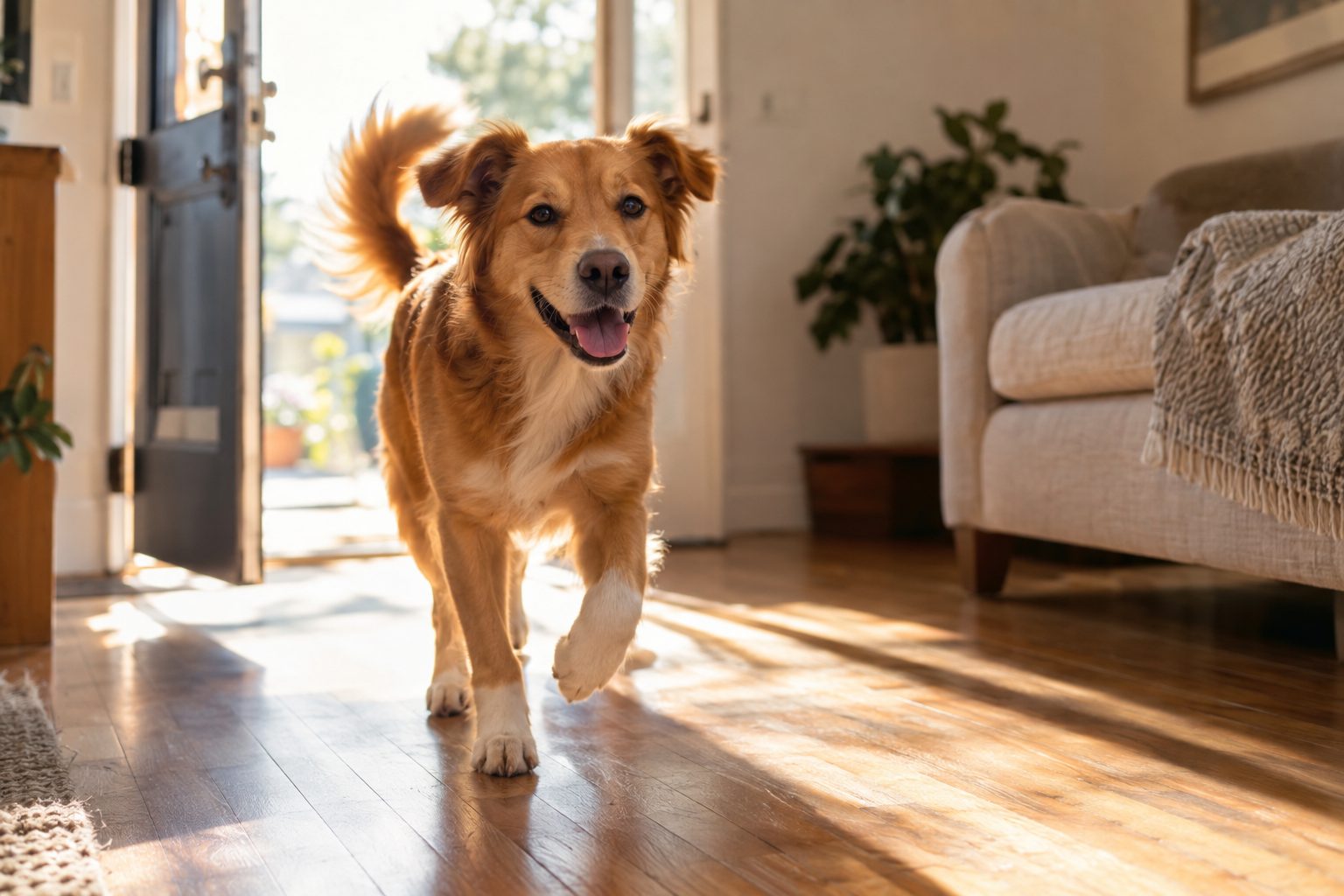 A dog trotting in through an open front door into a sunlit room