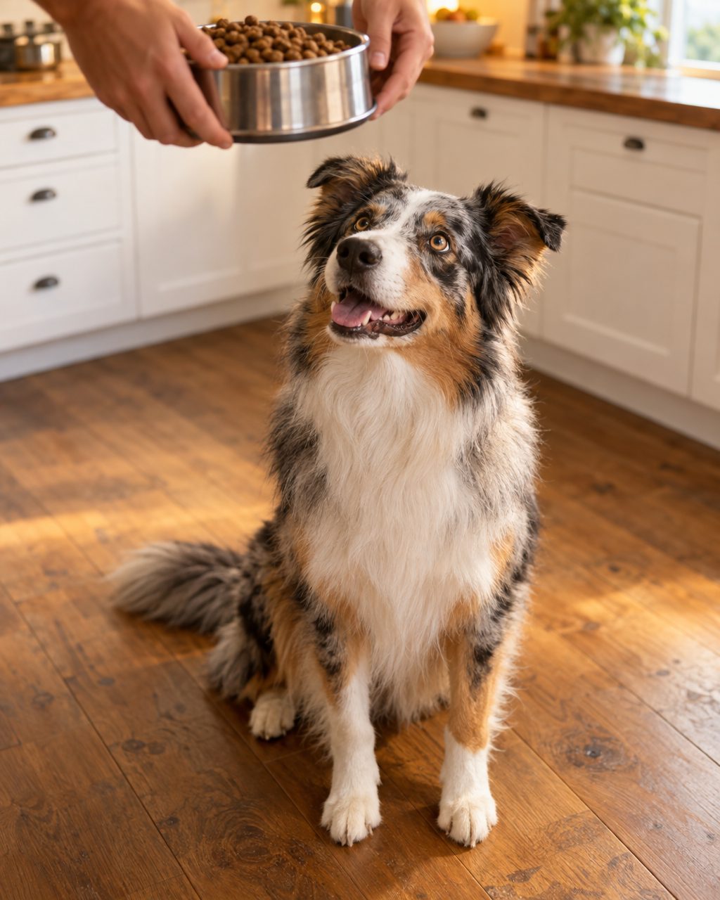 An Australian shepherd sitting on the kitchen floor, looking up as hands bring its dinner bowl