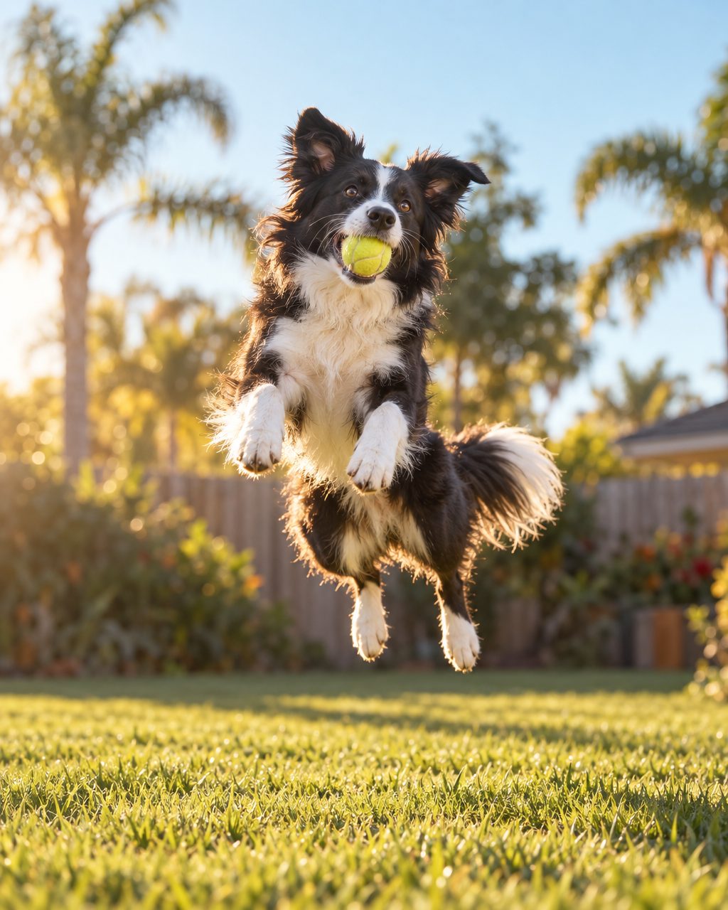 A black-and-white border collie mix leaping with a tennis ball in its mouth