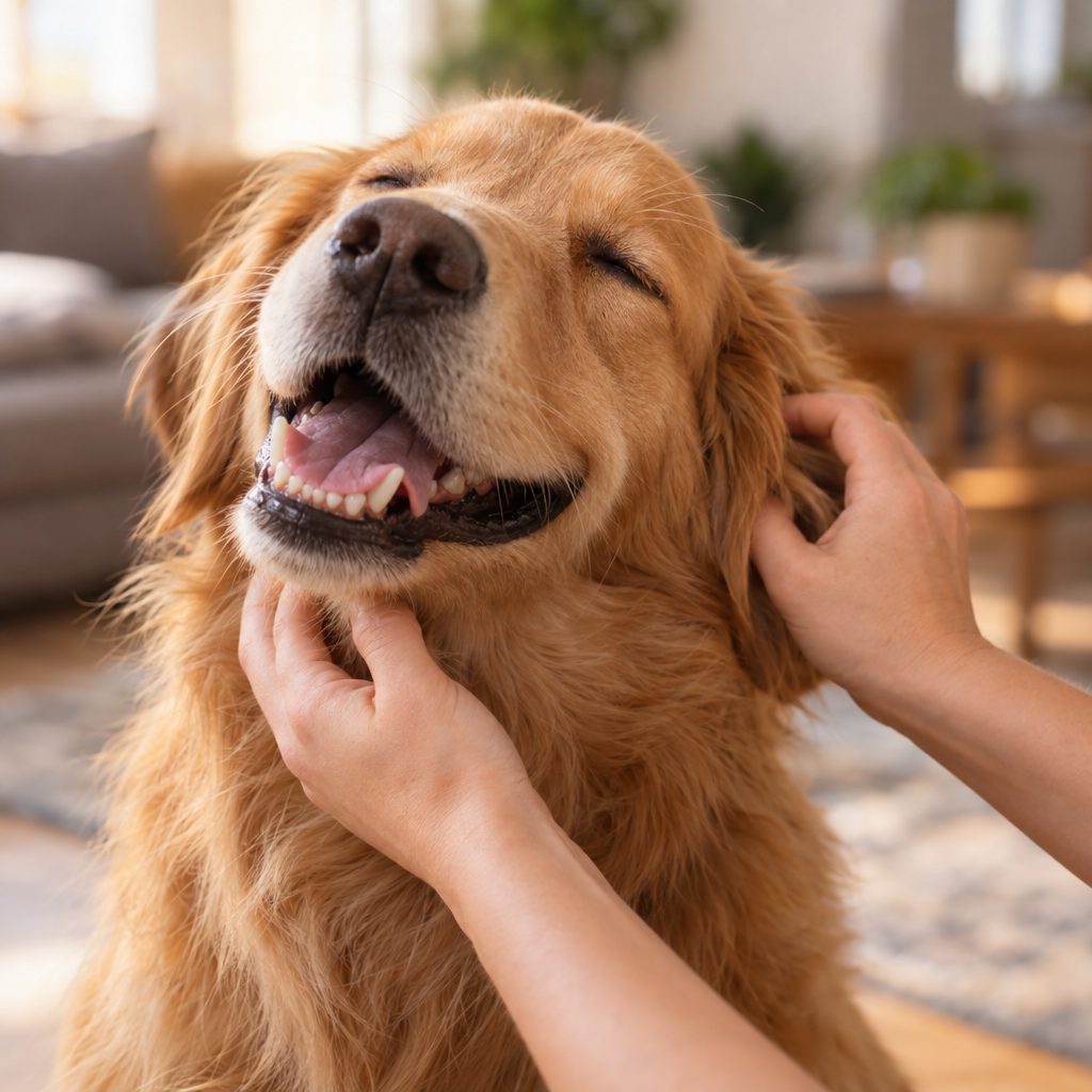 A dog grinning while being scratched under the chin