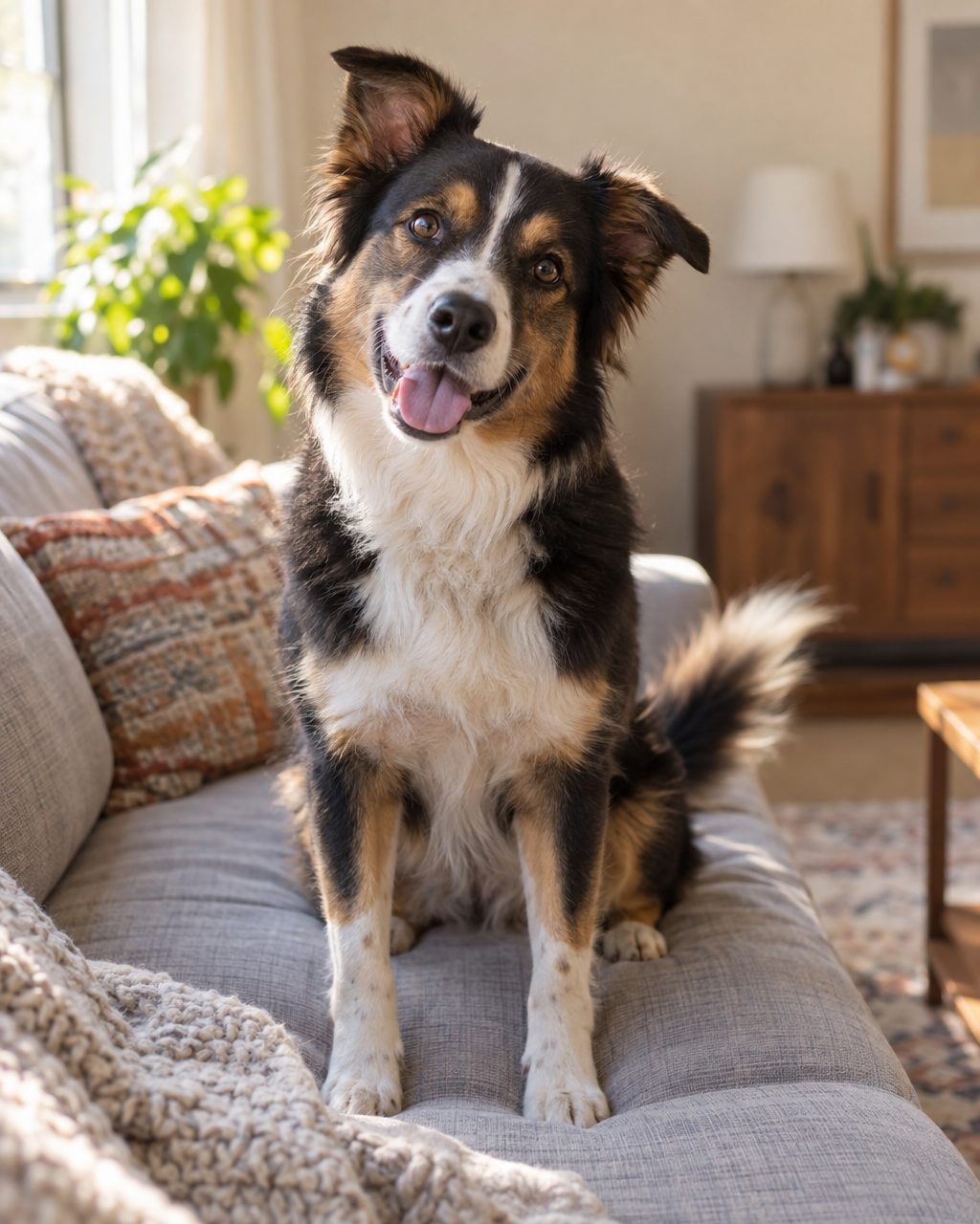 A dog sitting up on a sofa, ears forward, looking at the camera