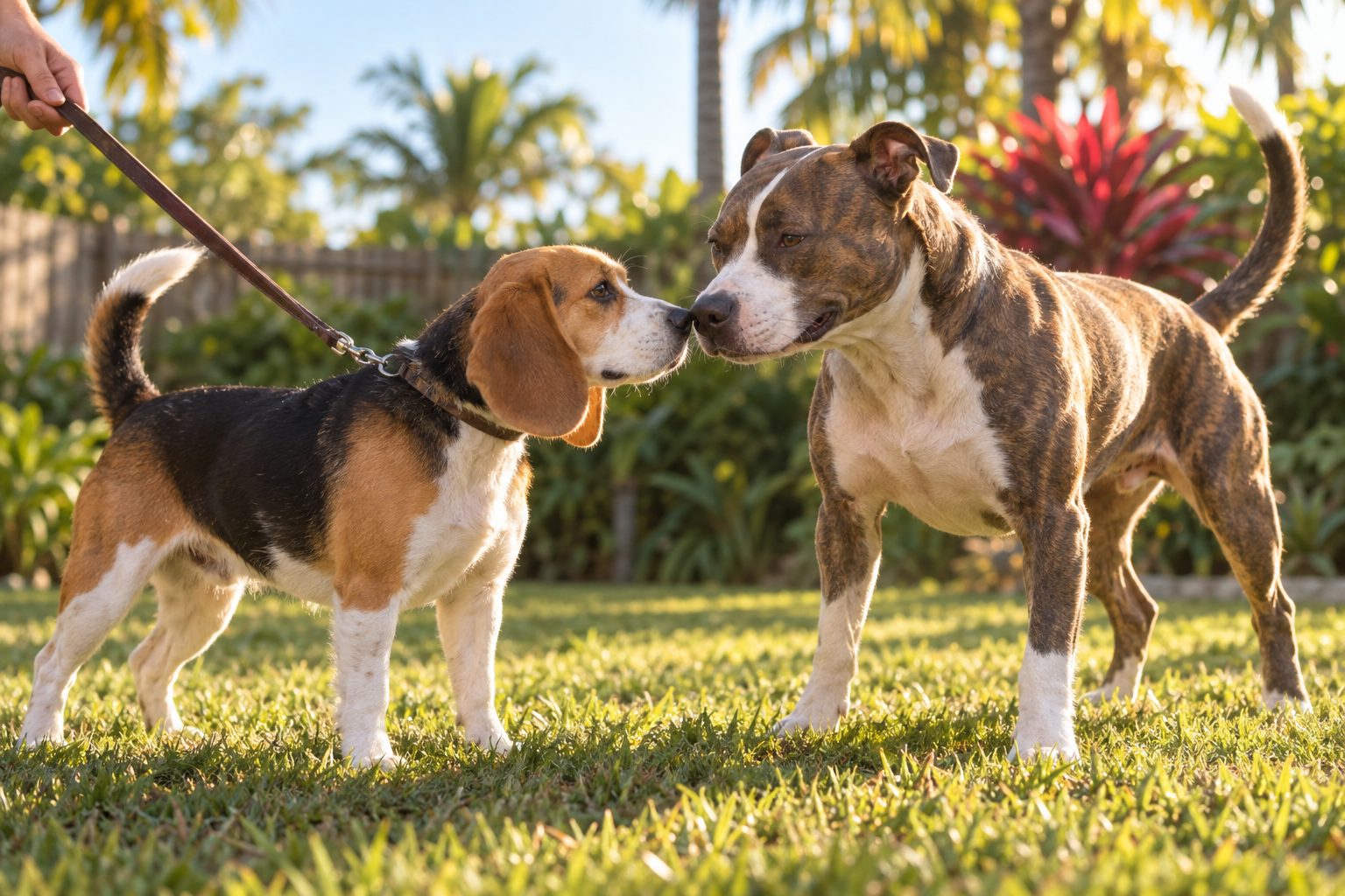 A beagle on a leash and a brindle pit bull mix touching noses on the grass