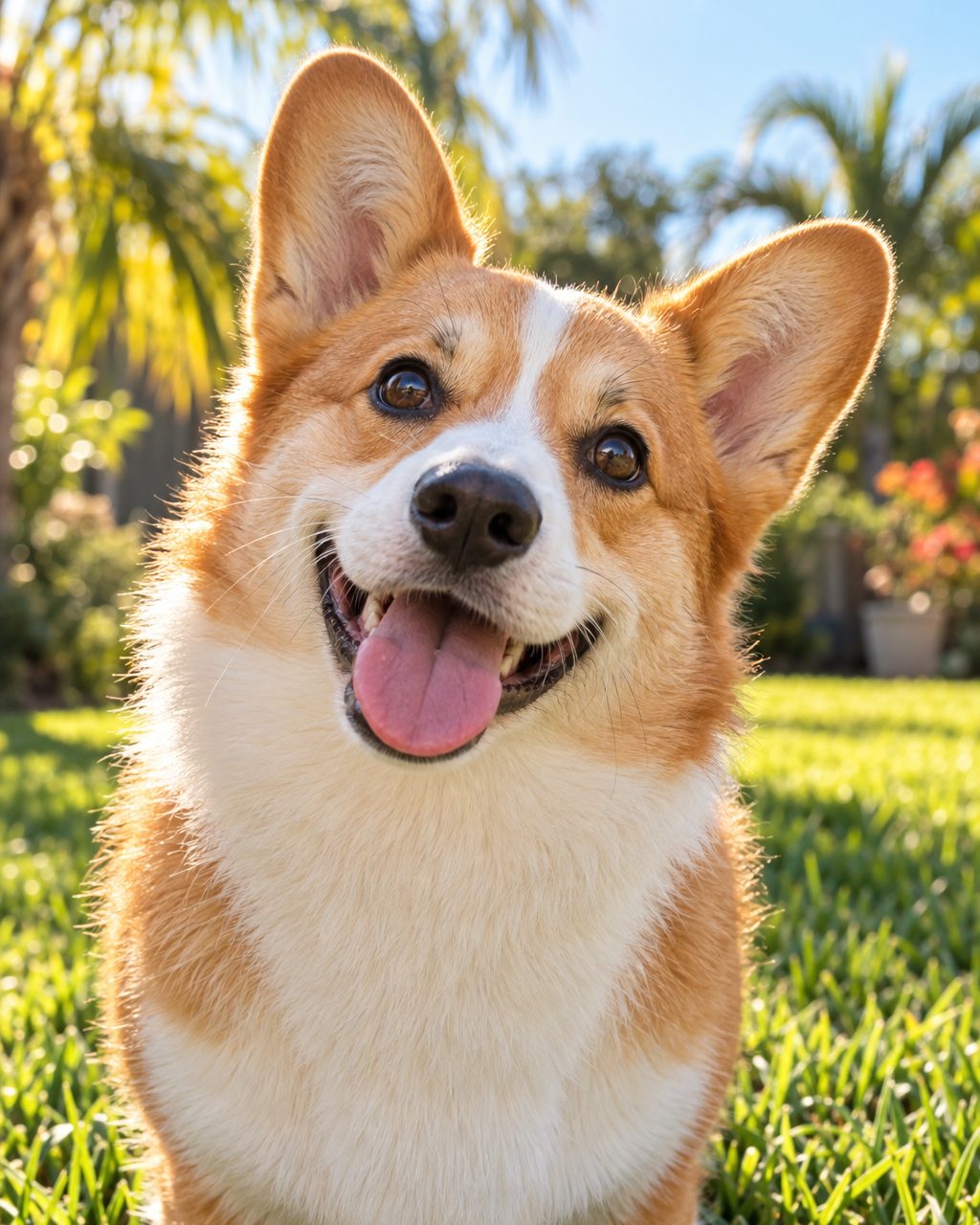 A corgi grinning at the camera with its head tilted