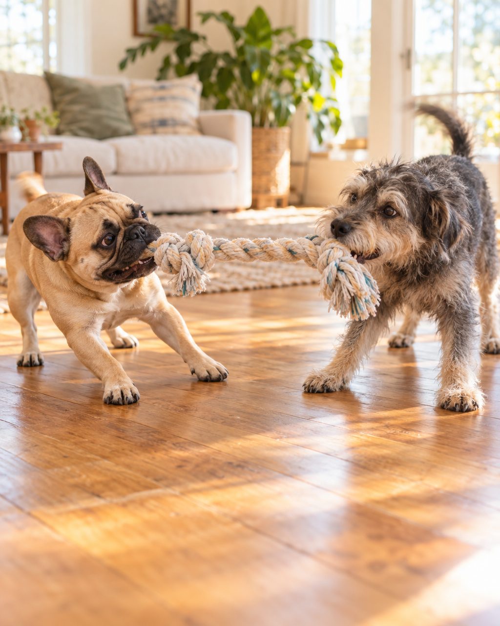 A fawn bulldog mix and a scruffy terrier mix playing tug-of-war with a rope on a wooden floor