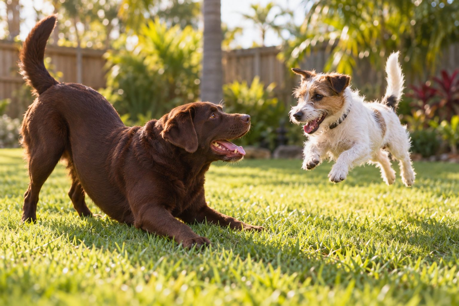 Two dogs playing on the grass, one in a play bow