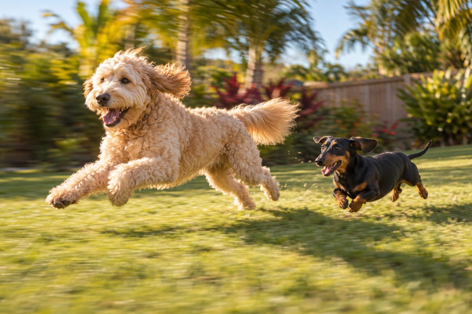 A cream goldendoodle racing across the grass with a dachshund chasing close behind